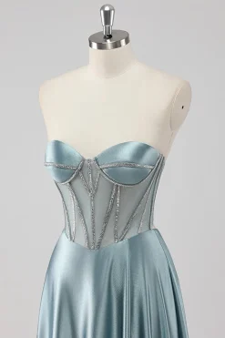 Cinzento Azul Linha-A Sem Alças Cetim Longo Vestido De Baile com Missangas