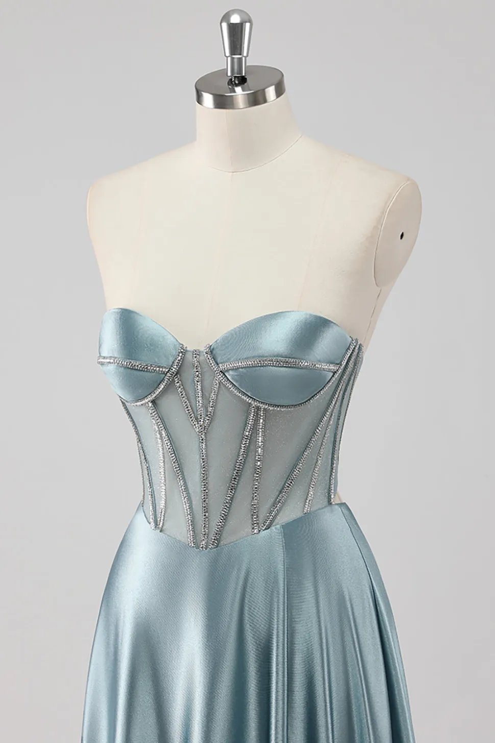Cinzento Azul Linha-A Sem Alças Cetim Longo Vestido De Baile com Missangas