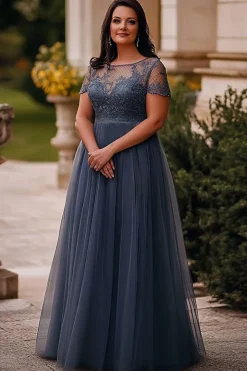 Cinzento Azul Linha-A Tule Longa Vestido Mae Noiva com Renda