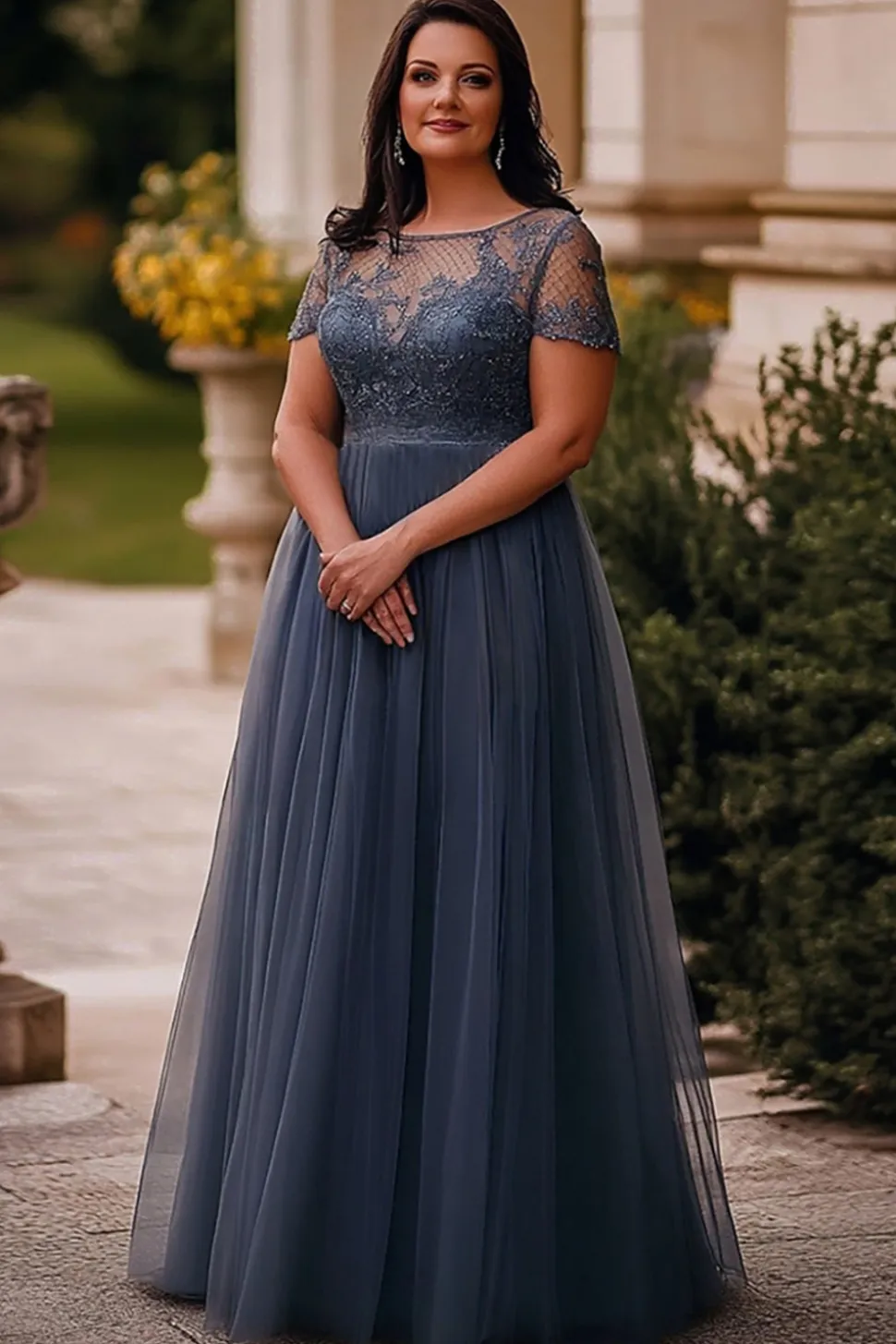 Cinzento Azul Linha-A Tule Longa Vestido Mae Noiva com Renda