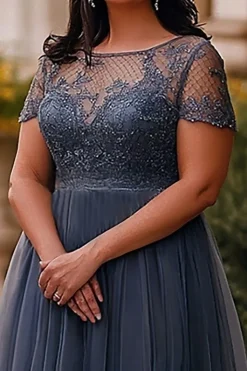 Cinzento Azul Linha-A Tule Longa Vestido Mae Noiva com Renda
