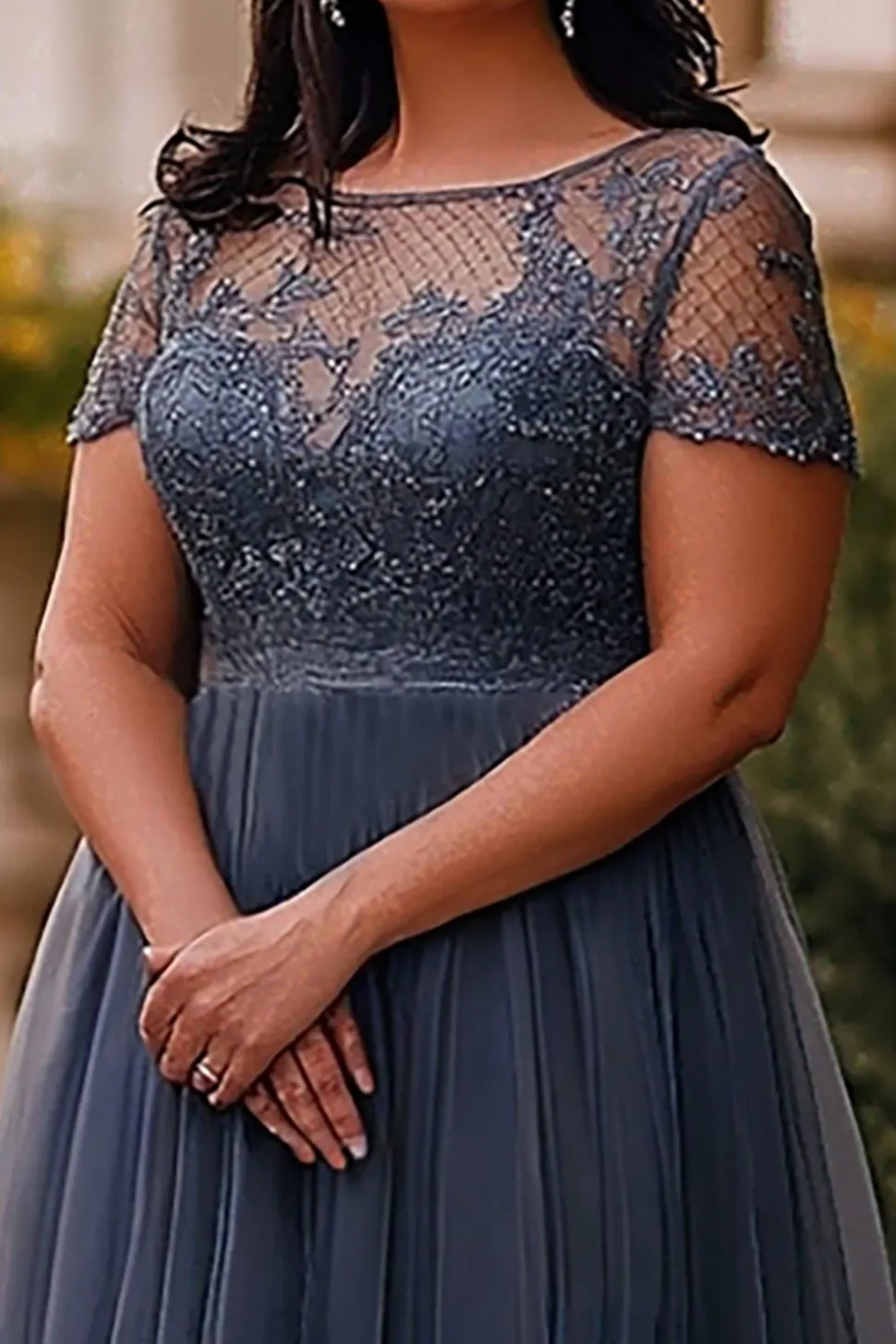 Cinzento Azul Linha-A Tule Longa Vestido Mae Noiva com Renda