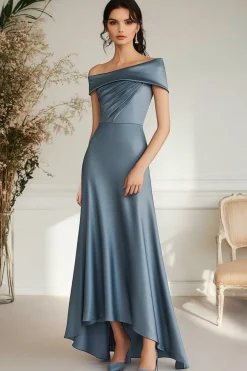 Cinzento Azul Pescoço Longo Barco Uma Linha Cetim Longa Mãe Do Vestido De Noiva
