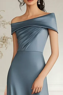 Cinzento Azul Pescoço Longo Barco Uma Linha Cetim Longa Mãe Do Vestido De Noiva