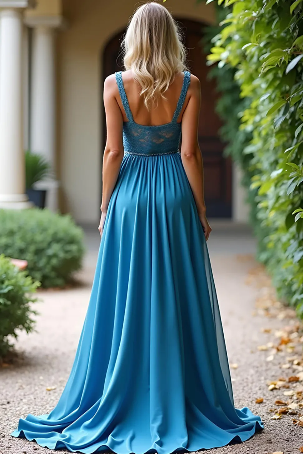 Cinzento Azul Renda V Pescoço Chiffon Uma Linha Vestido Madrinha com Fenda
