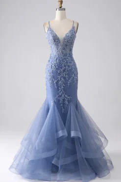 Cinzento azul sereia espaguete alça frisado sem costas vestido de baile com apliques