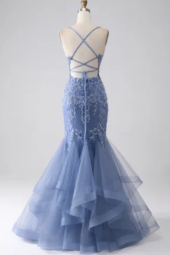Cinzento azul sereia espaguete alça frisado sem costas vestido de baile com apliques