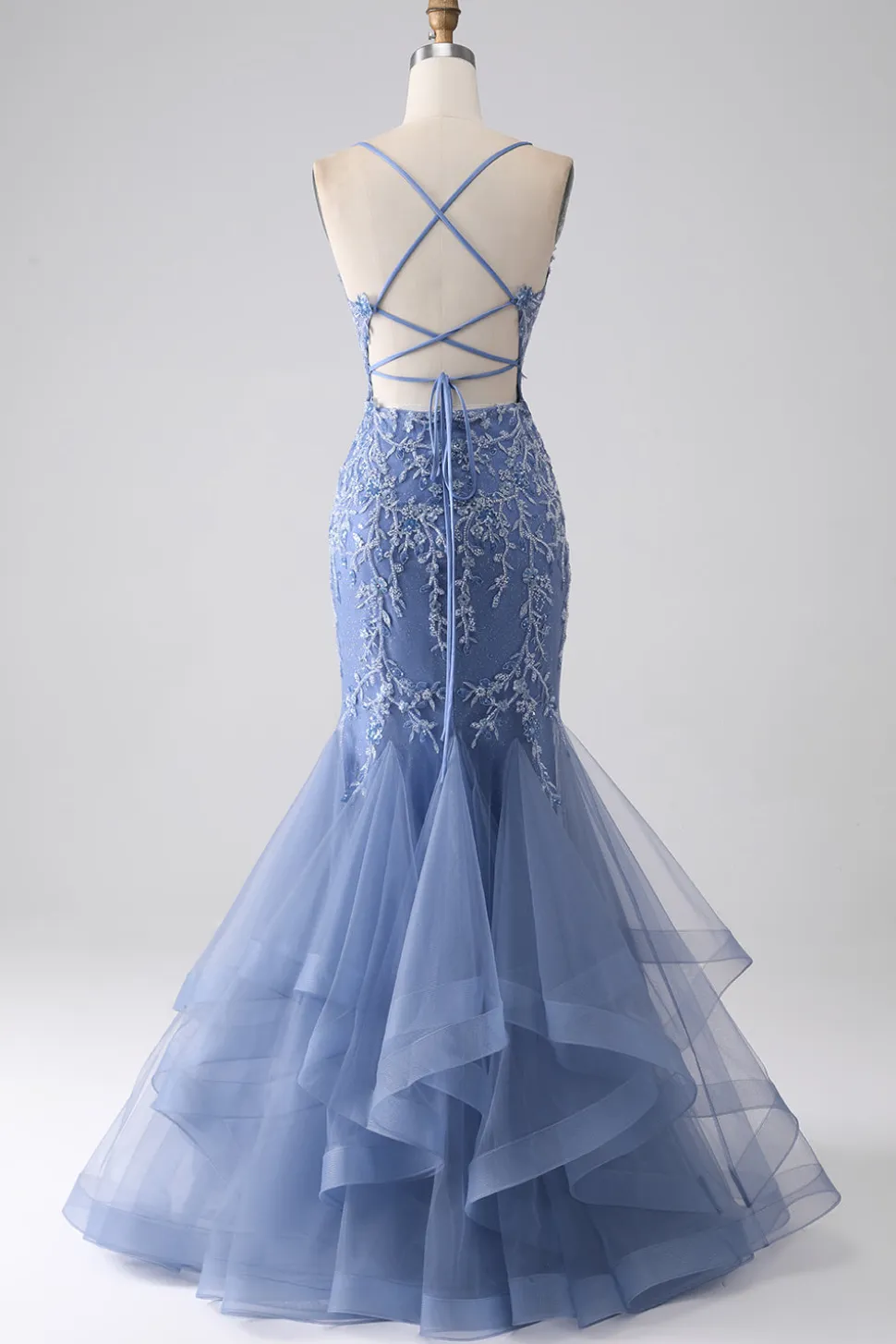Cinzento azul sereia espaguete alça frisado sem costas vestido de baile com apliques