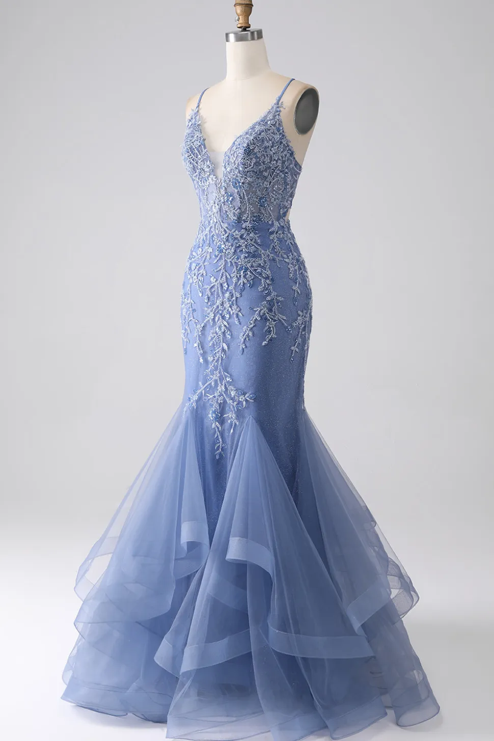 Cinzento azul sereia espaguete alça frisado sem costas vestido de baile com apliques