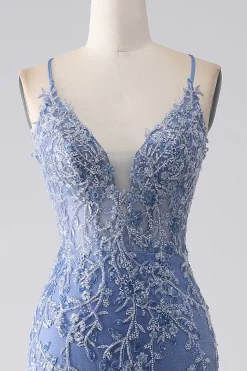 Cinzento azul sereia espaguete alça frisado sem costas vestido de baile com apliques