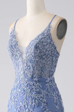 Cinzento azul sereia espaguete alça frisado sem costas vestido de baile com apliques