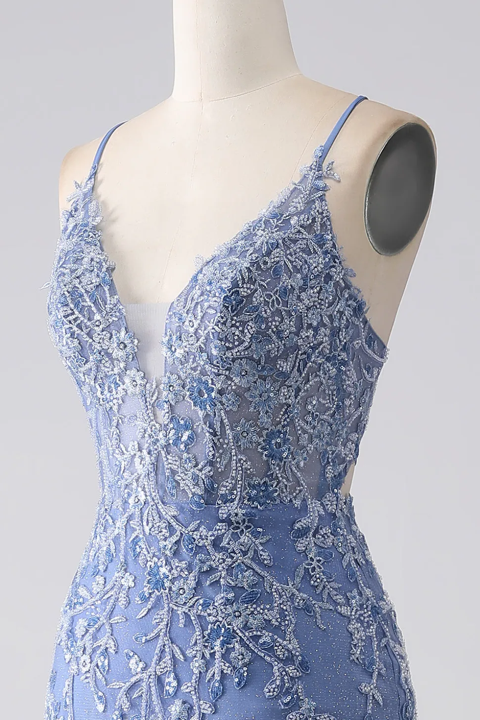 Cinzento azul sereia espaguete alça frisado sem costas vestido de baile com apliques