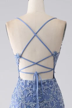 Cinzento azul sereia espaguete alça frisado sem costas vestido de baile com apliques