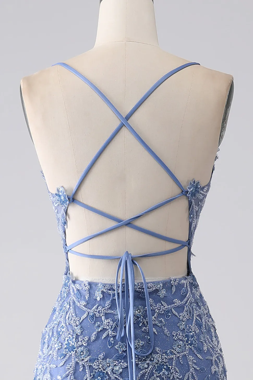Cinzento azul sereia espaguete alça frisado sem costas vestido de baile com apliques