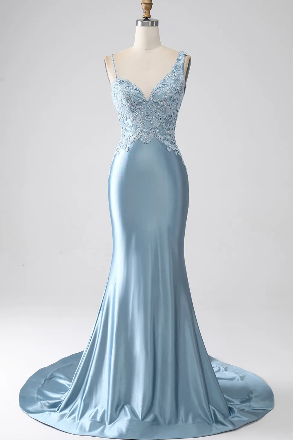 Cinzento azul sereia espaguete alças longo frisado vestido de baile com apliques