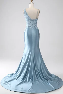 Cinzento azul sereia espaguete alças longo frisado vestido de baile com apliques
