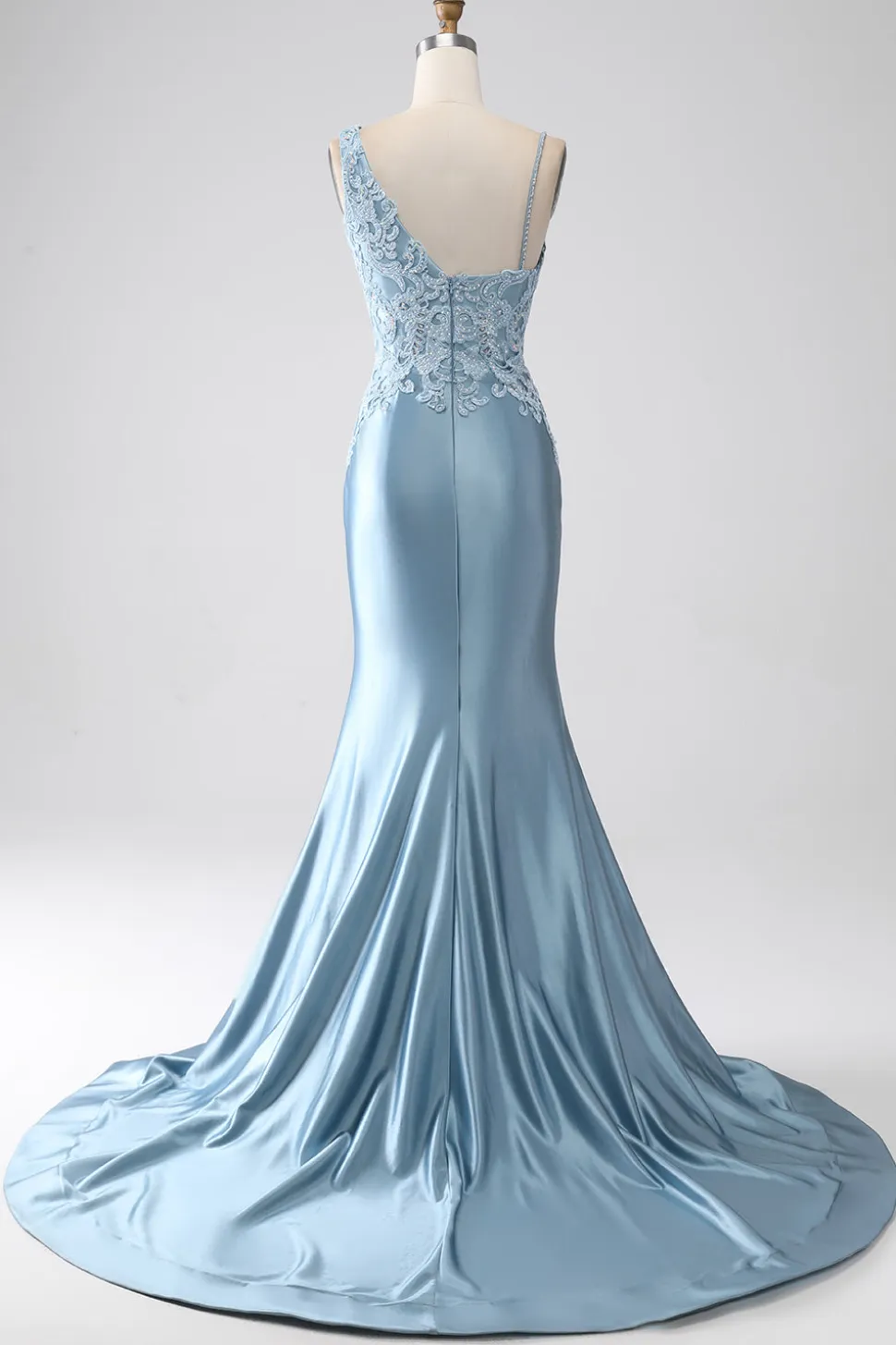 Cinzento azul sereia espaguete alças longo frisado vestido de baile com apliques