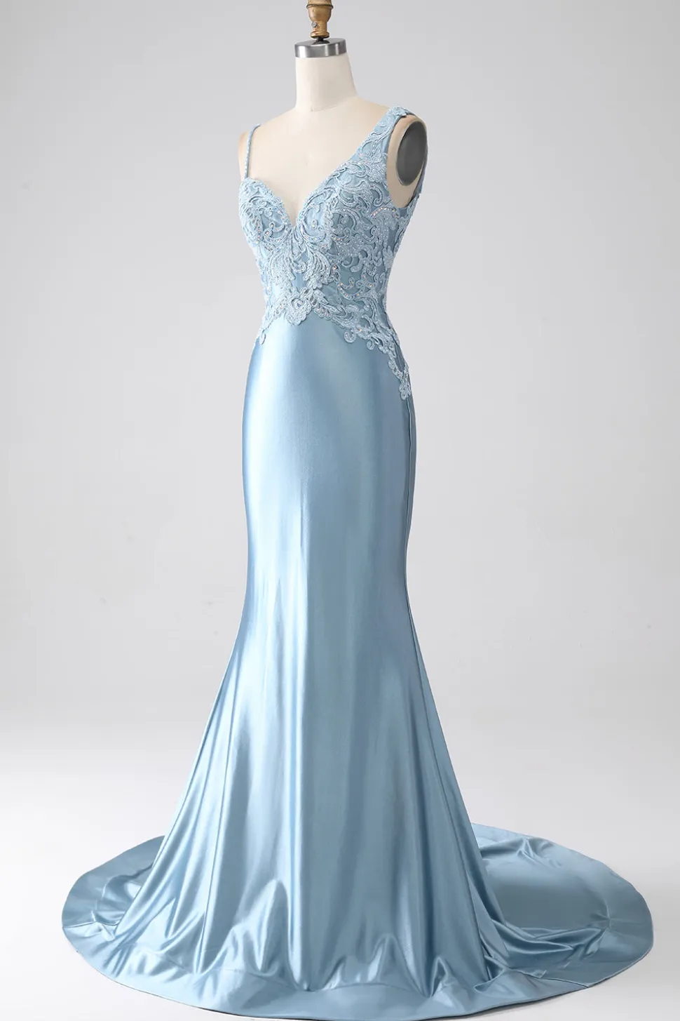 Cinzento azul sereia espaguete alças longo frisado vestido de baile com apliques