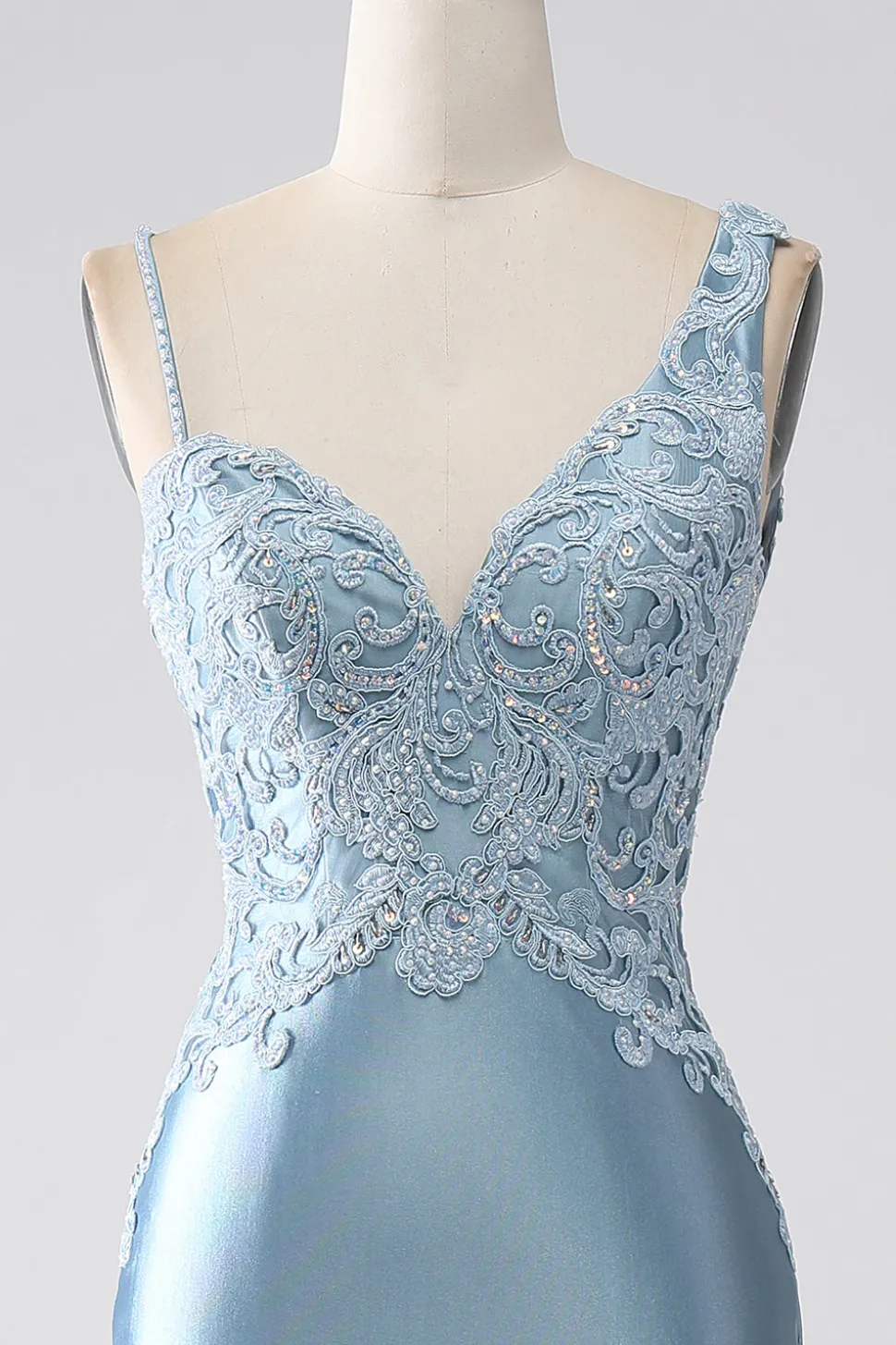 Cinzento azul sereia espaguete alças longo frisado vestido de baile com apliques