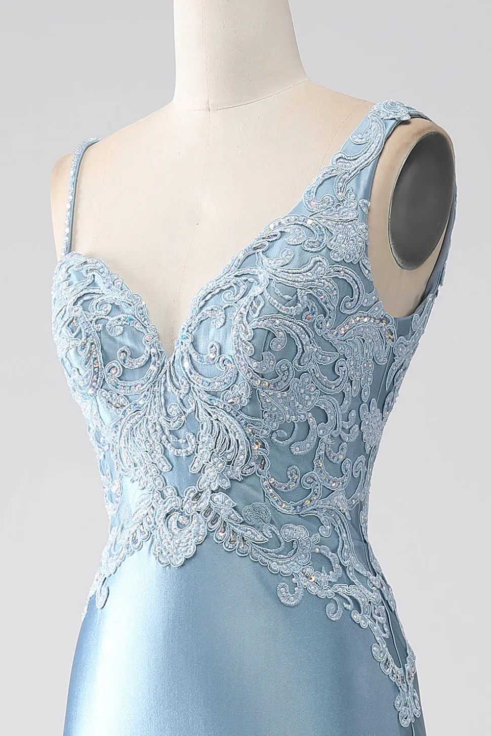 Cinzento azul sereia espaguete alças longo frisado vestido de baile com apliques