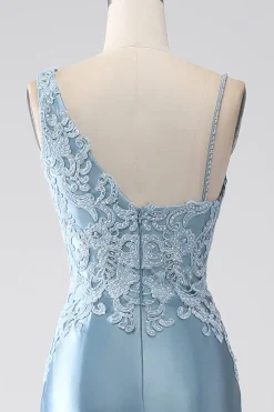 Cinzento azul sereia espaguete alças longo frisado vestido de baile com apliques