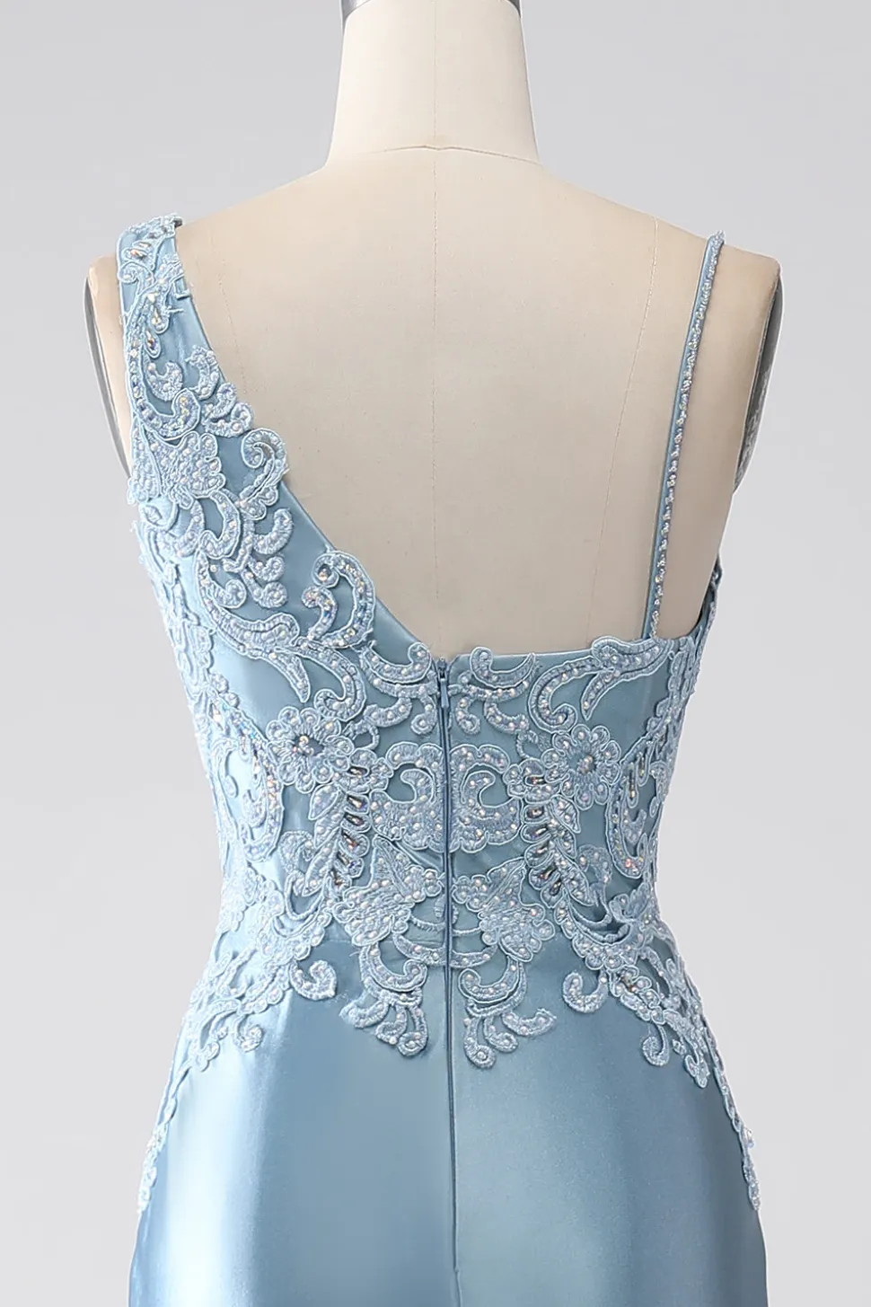 Cinzento azul sereia espaguete alças longo frisado vestido de baile com apliques