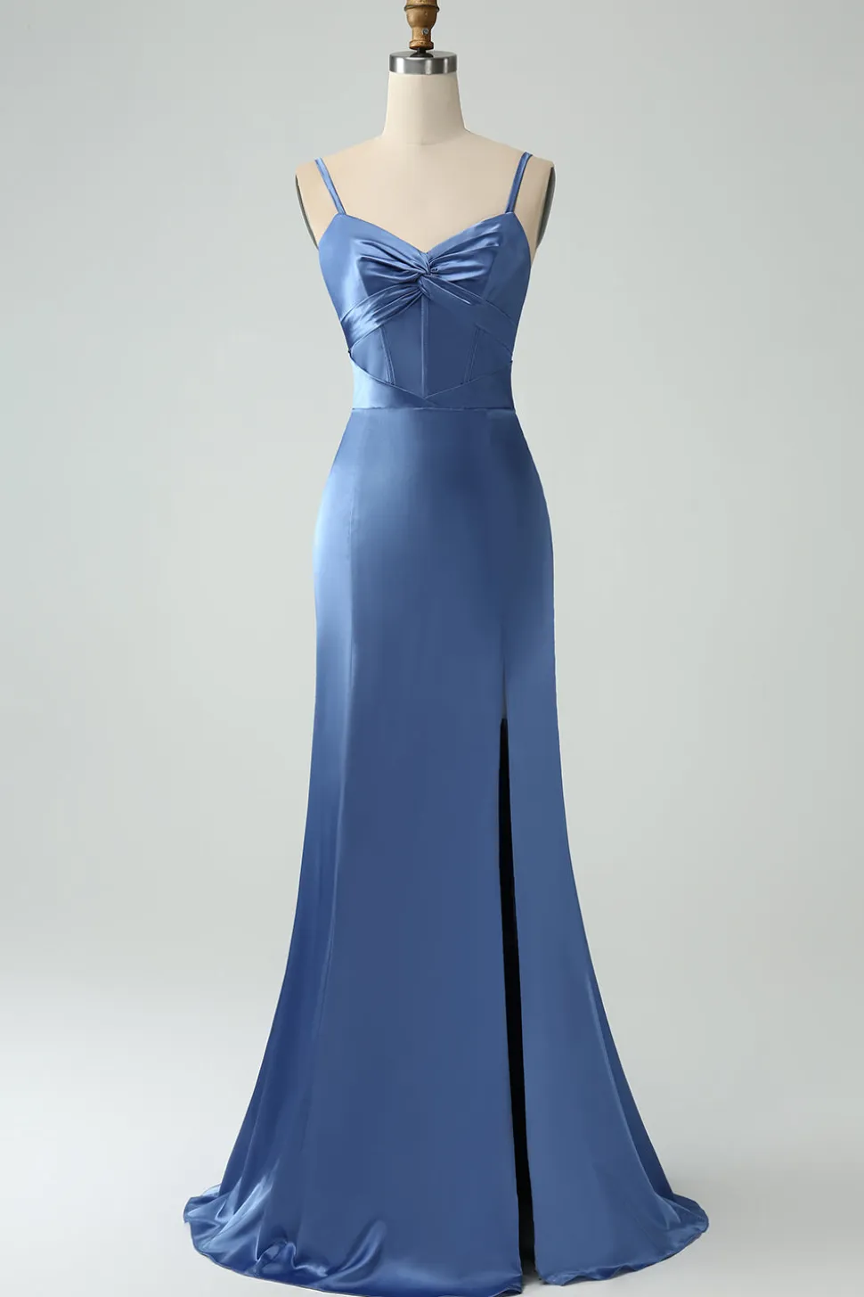 Cinzento Azul Sereia Esparguete Correias Corset Long Satin Vestido de Dama de Honra com Fenda