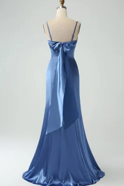 Cinzento Azul Sereia Esparguete Correias Corset Long Satin Vestido de Dama de Honra com Fenda