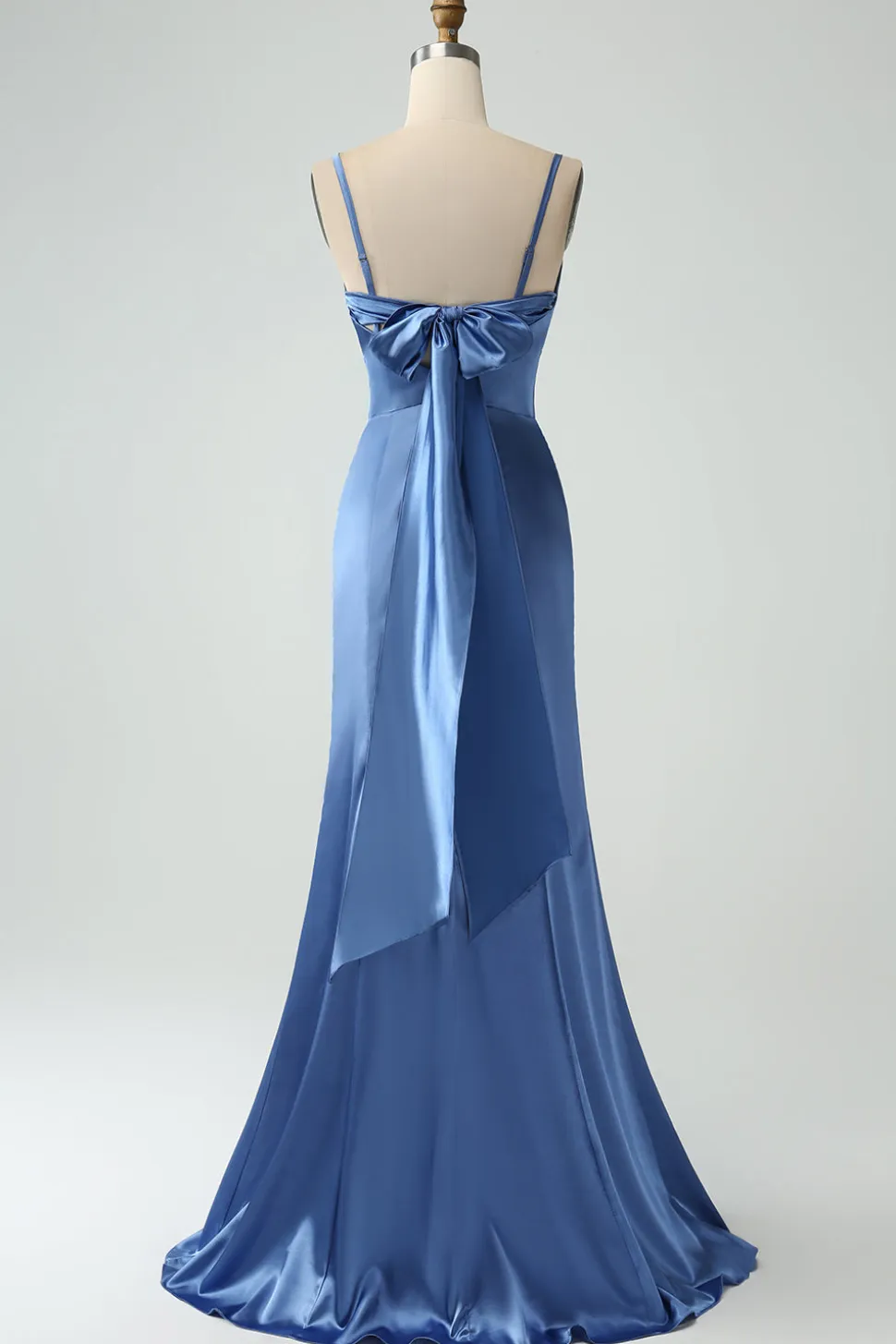 Cinzento Azul Sereia Esparguete Correias Corset Long Satin Vestido de Dama de Honra com Fenda