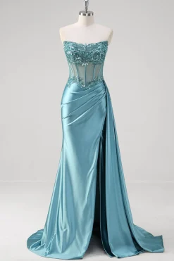 Cinzento Azul Sereia Espartilho Sem Alças Sequined Cetim Prom Dress