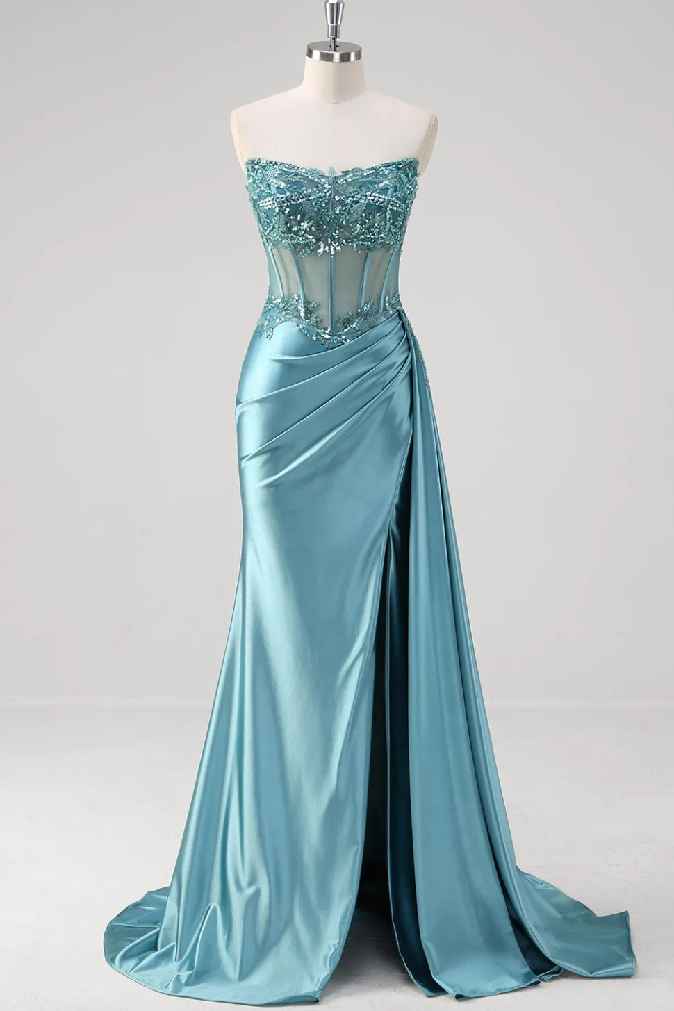 Cinzento Azul Sereia Espartilho Sem Alças Sequined Cetim Prom Dress