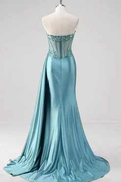 Cinzento Azul Sereia Espartilho Sem Alças Sequined Cetim Prom Dress