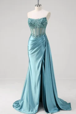 Cinzento Azul Sereia Espartilho Sem Alças Sequined Cetim Prom Dress