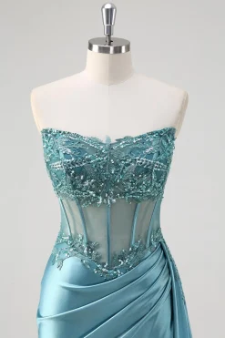 Cinzento Azul Sereia Espartilho Sem Alças Sequined Cetim Prom Dress
