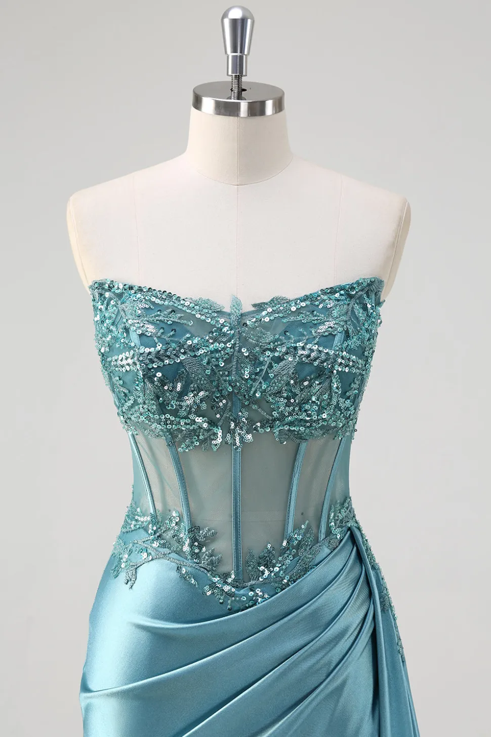 Cinzento Azul Sereia Espartilho Sem Alças Sequined Cetim Prom Dress