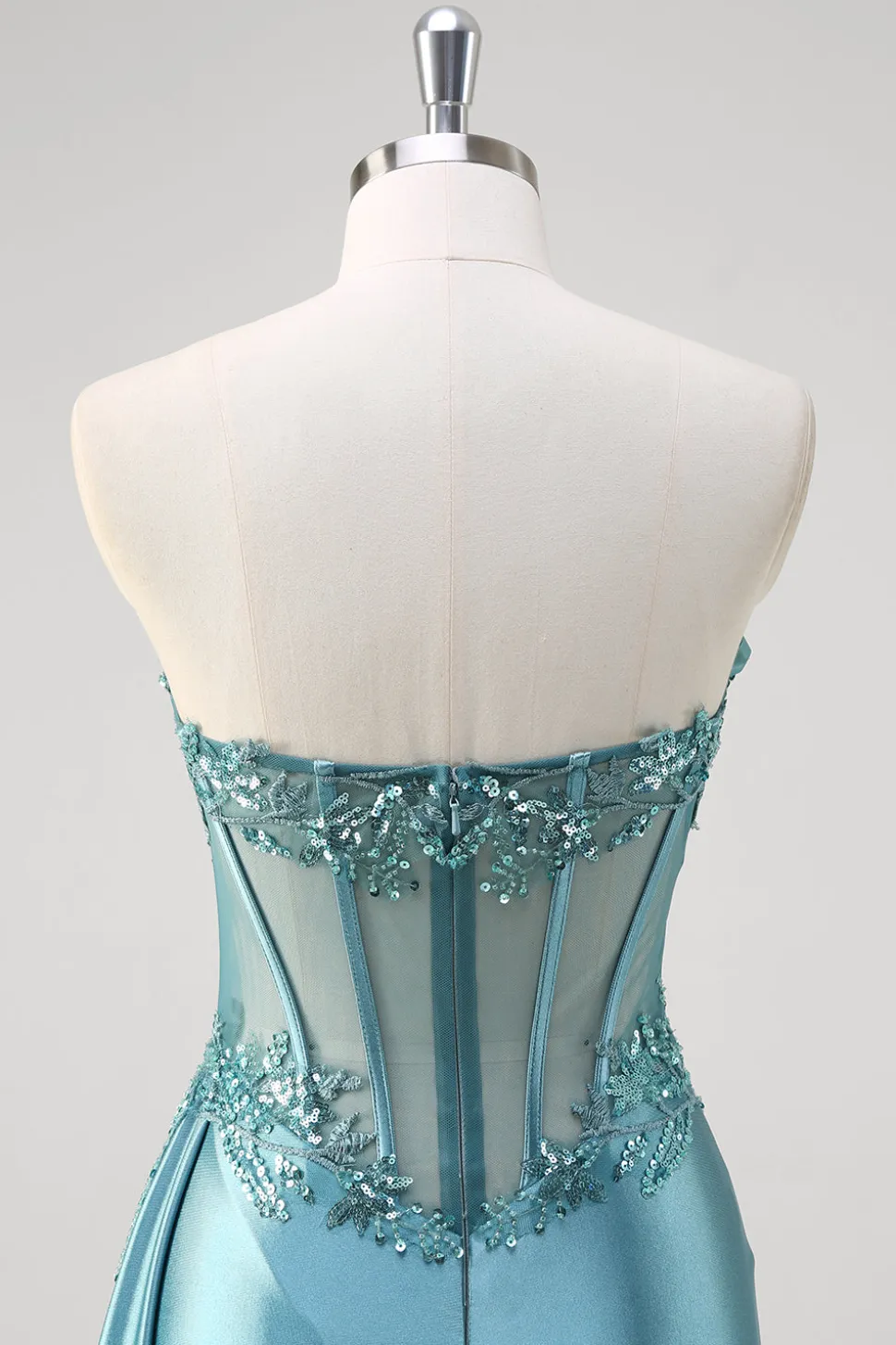 Cinzento Azul Sereia Espartilho Sem Alças Sequined Cetim Prom Dress