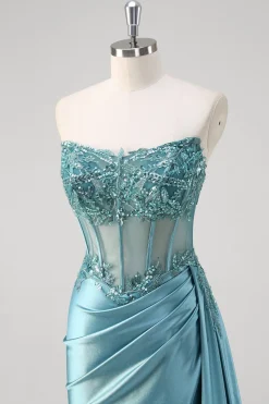 Cinzento Azul Sereia Espartilho Sem Alças Sequined Cetim Prom Dress