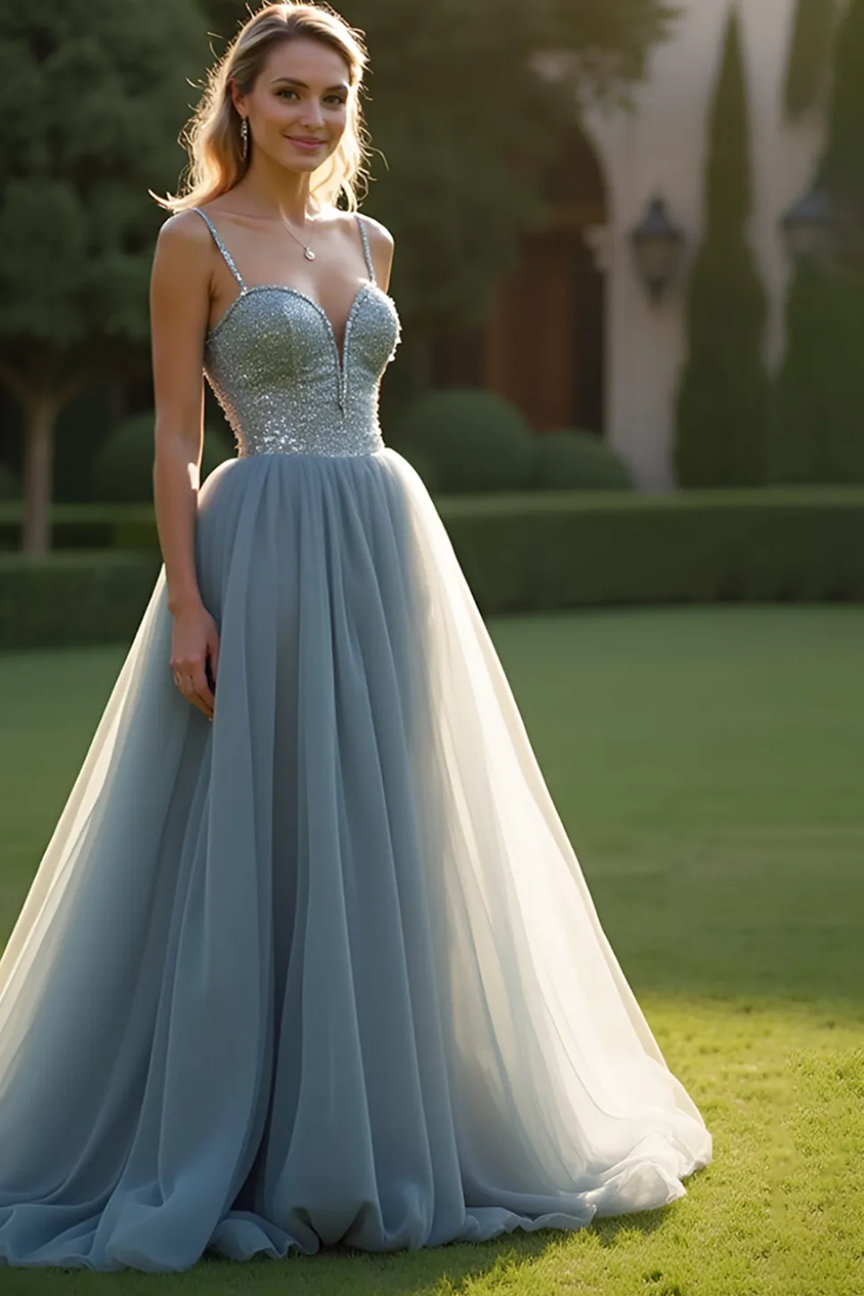 Cinzento Azul Tule Esparguete Correias A-Line Long Prom Dress com Sequins