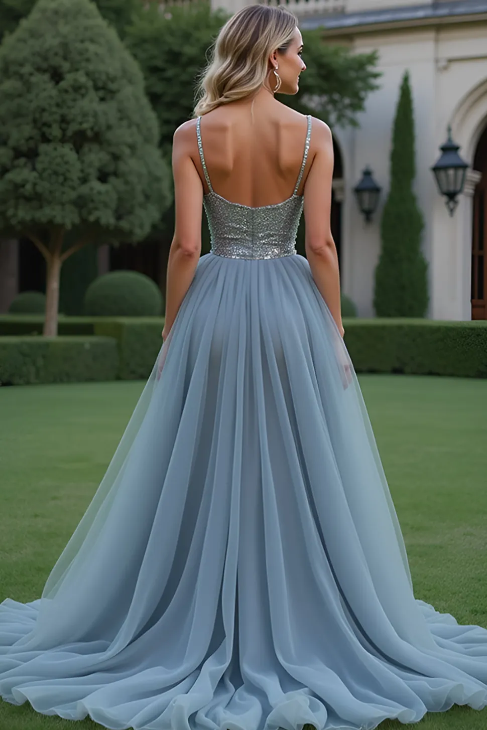Cinzento Azul Tule Esparguete Correias A-Line Long Prom Dress com Sequins
