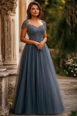 Cinzento Azul Tule Linha-A Cap Mangas Longo Vestido Mae Noiva