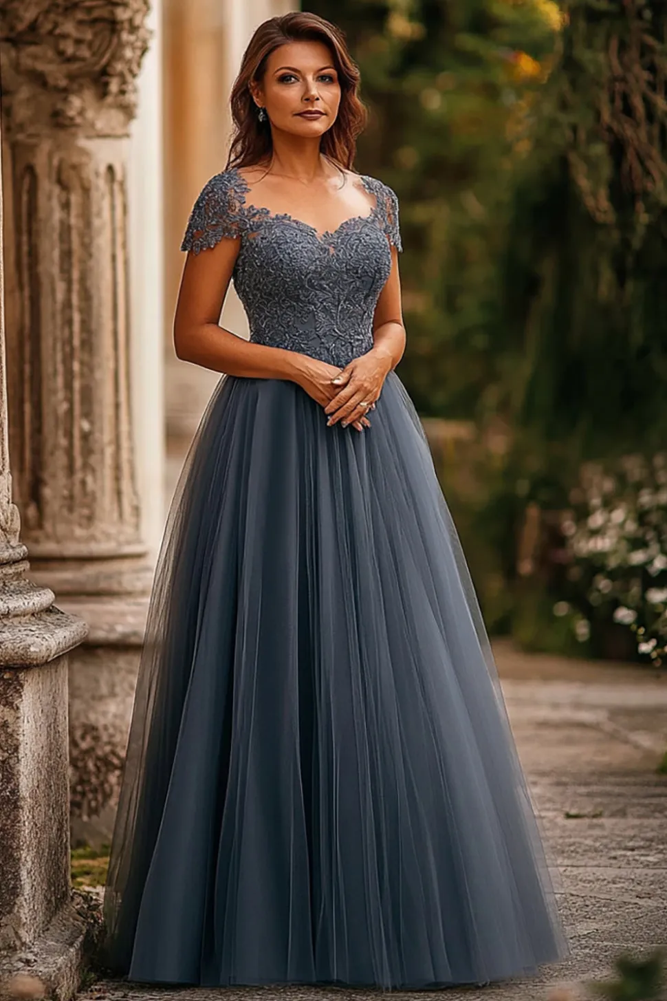 Cinzento Azul Tule Linha-A Cap Mangas Longo Vestido Mae Noiva