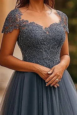 Cinzento Azul Tule Linha-A Cap Mangas Longo Vestido Mae Noiva