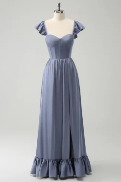 Cinzento Azul Uma Linha Backless Corset Chiffon Vestido Madrinha