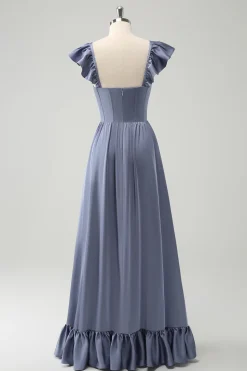Cinzento Azul Uma Linha Backless Corset Chiffon Vestido Madrinha