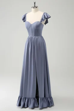 Cinzento Azul Uma Linha Backless Corset Chiffon Vestido Madrinha