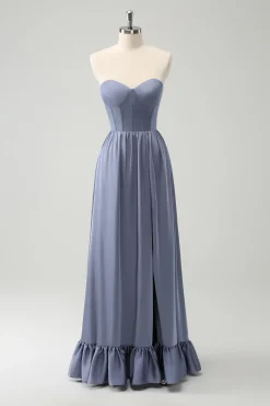 Cinzento Azul Uma Linha Backless Corset Chiffon Vestido Madrinha