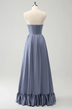 Cinzento Azul Uma Linha Backless Corset Chiffon Vestido Madrinha