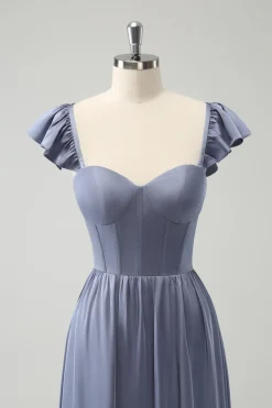 Cinzento Azul Uma Linha Backless Corset Chiffon Vestido Madrinha