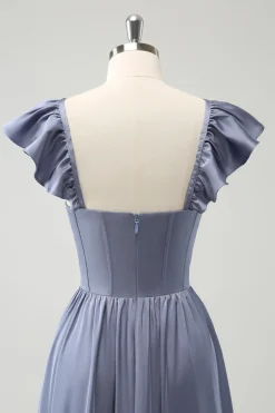 Cinzento Azul Uma Linha Backless Corset Chiffon Vestido Madrinha