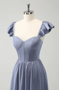 Cinzento Azul Uma Linha Backless Corset Chiffon Vestido Madrinha